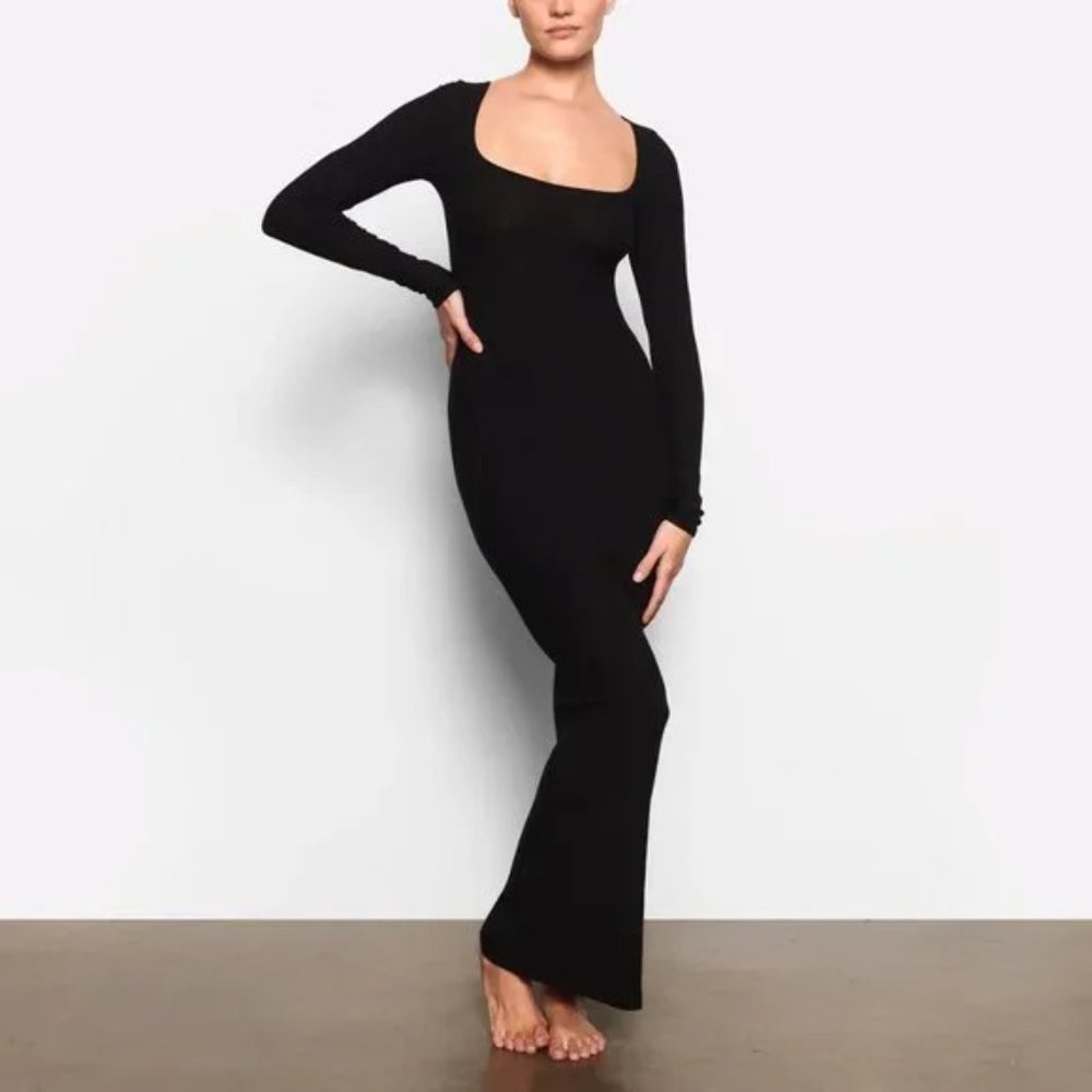 SKIMS Lounge Ribbed Long Sleeve Maxi Dress in Onyx Black Size Small